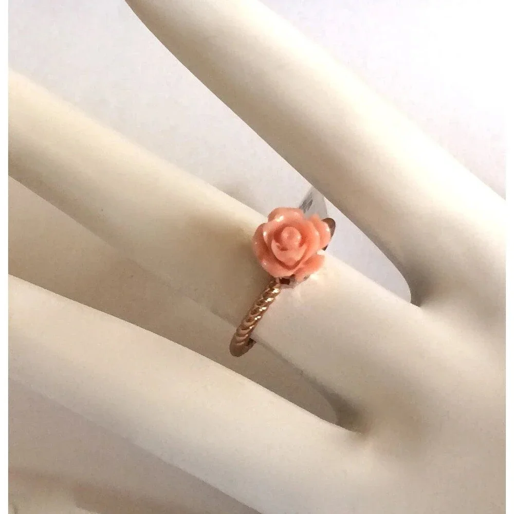 Pink Rose Flower Cable Ring Size 11 Rose Gold Plated Victorian Vintage Style